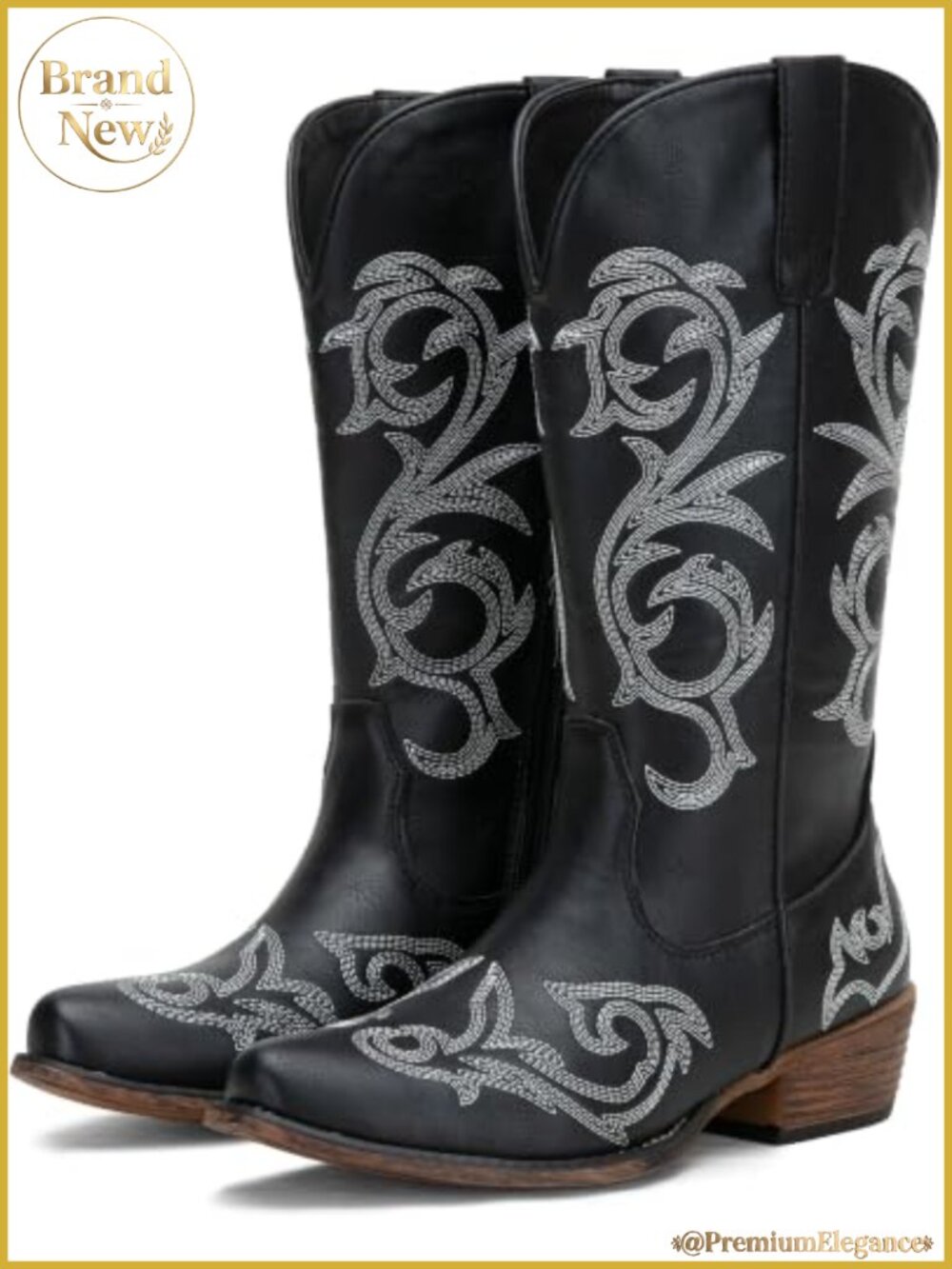 Women's Wide Calf Cowboy Boots Embroidered Mid Calf Western Square Toe Low Heel